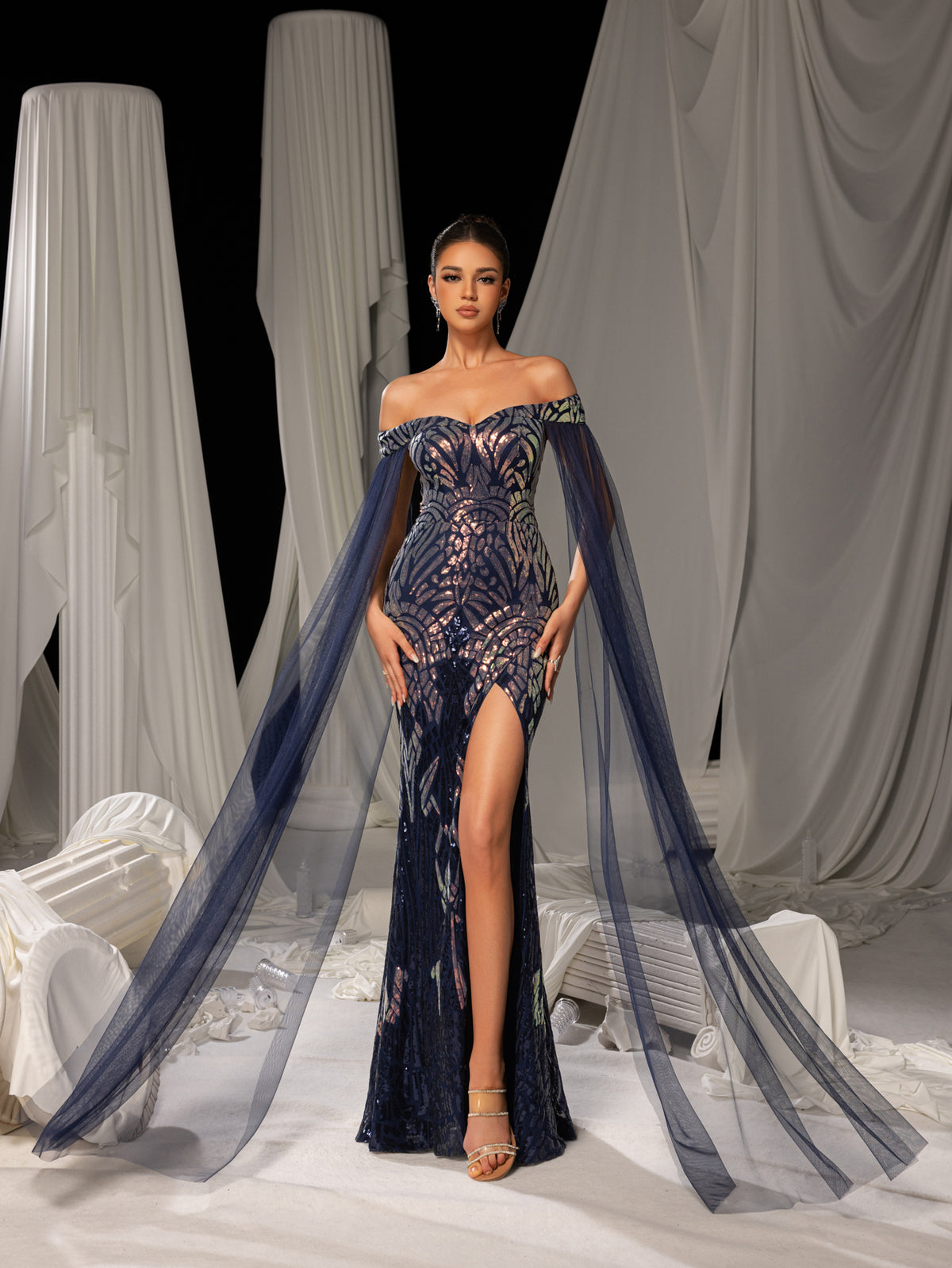 Elegant Graphic Sequin Evening Gown with Translucent Sleeves and High Slit – Mermaid Silhouette for Luxury Weddings or Galas, XS-XL