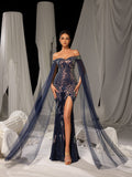 Elegant Graphic Sequin Evening Gown with Translucent Sleeves and High Slit – Mermaid Silhouette for Luxury Weddings or Galas, XS-XL