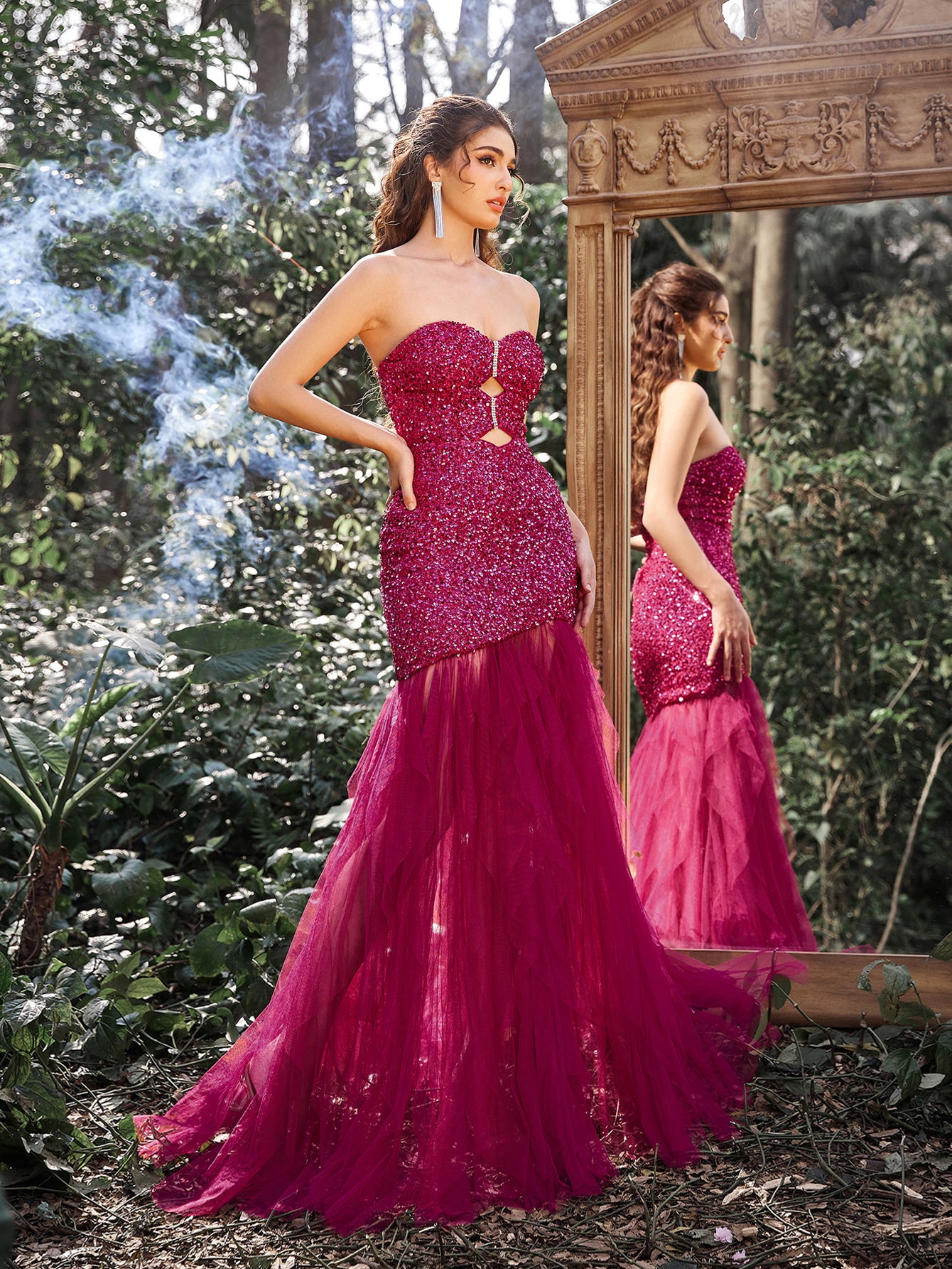 Gorgeous Sequin Bodice Contrast Cascading Tulle Train Strapless Evening Dress