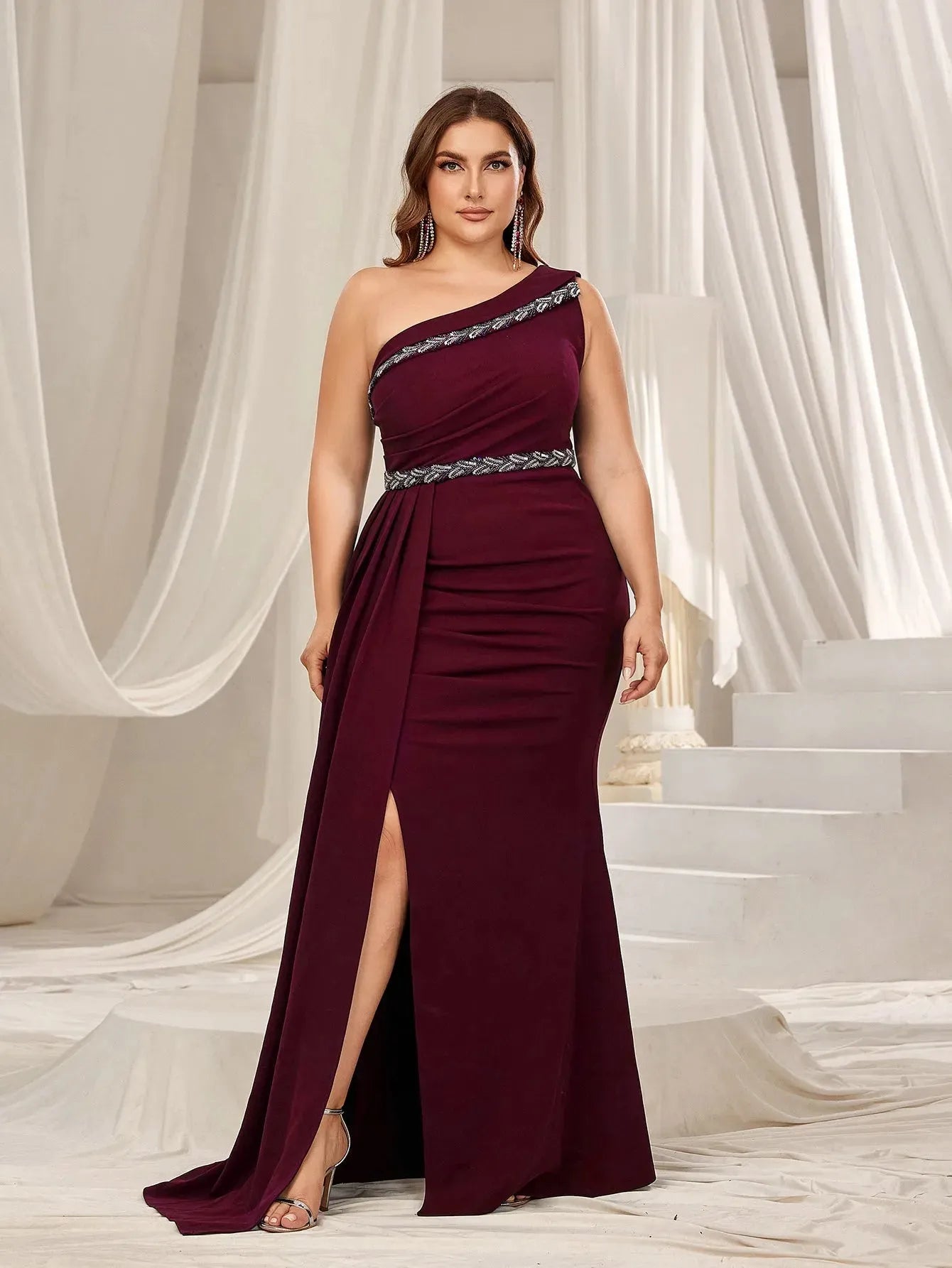 Plus One Shoulder Split Mermaid Hem Formal Evening Dress