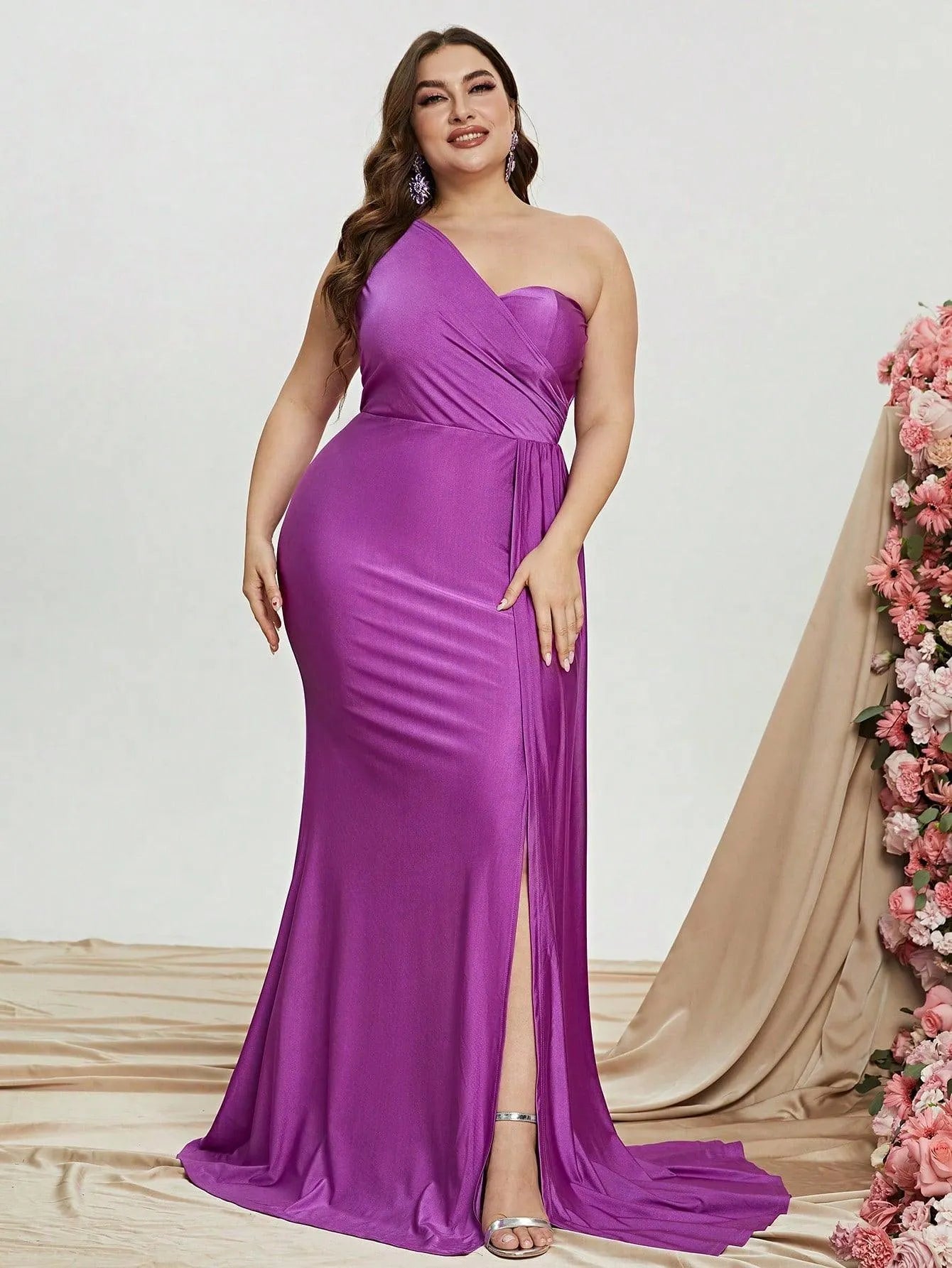 Plus One Shoulder Draped Side Split Thigh Formal Dress