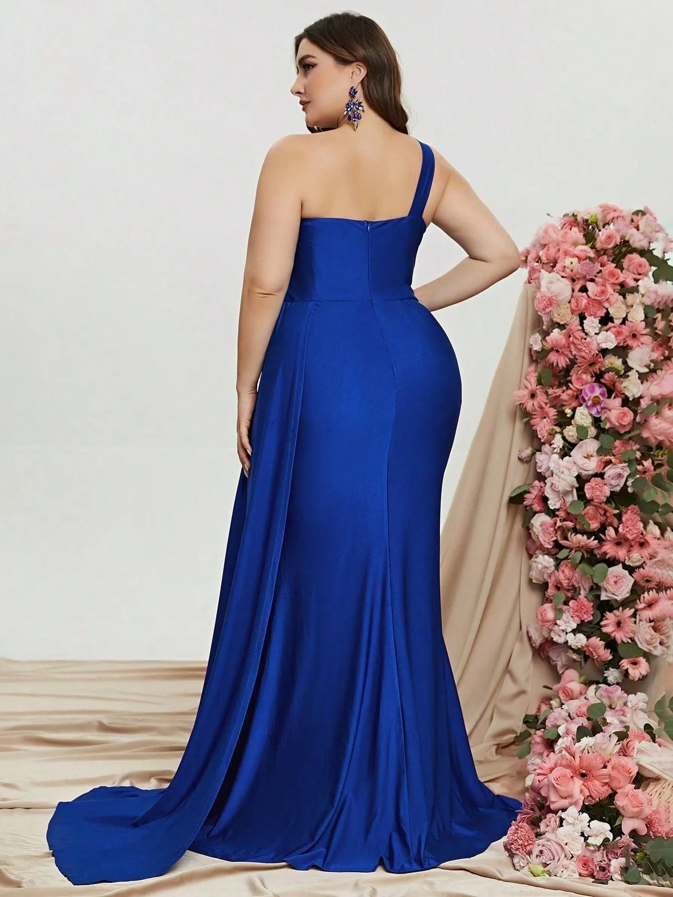 Plus One Shoulder Draped Side Split Thigh Formal Dress