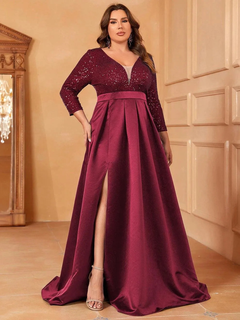 Plus Deep V Neck 3/4 Sleeve Slit A Line Prom Dress