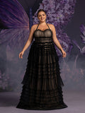 Plus Gorgeous Halter Neck Lace-up Back Cascading Ruffle Hem Tulle Wedding Dress
