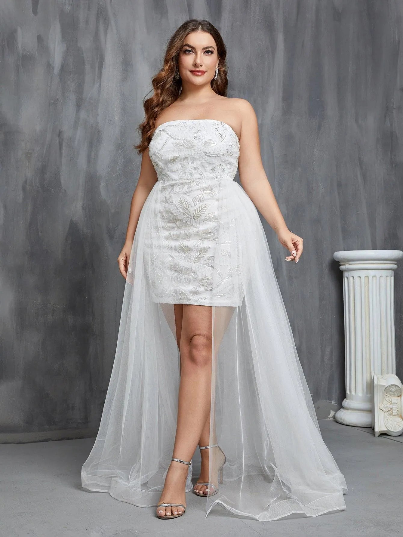 Plus Mesh Overlay Sequin Tube Wedding Dress