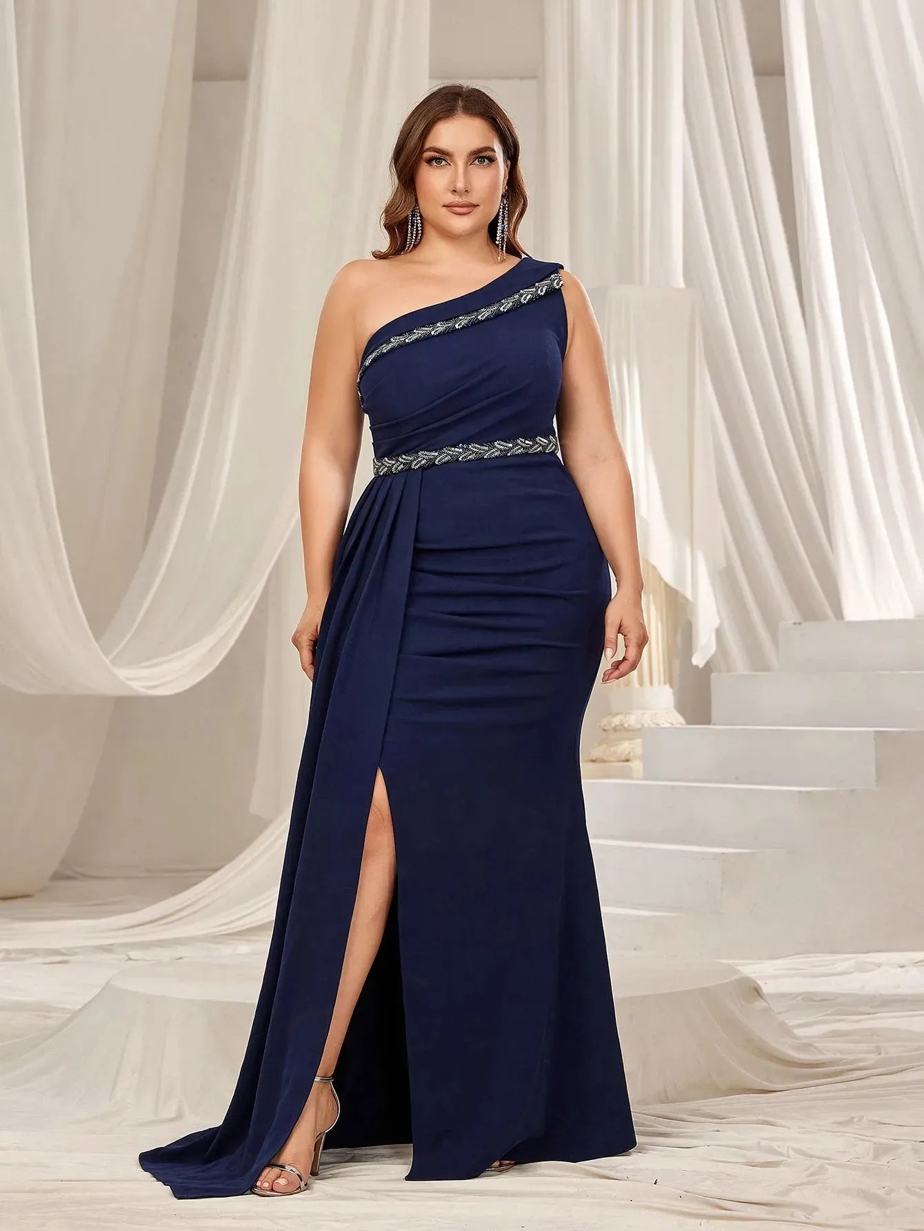 Plus One Shoulder Split Mermaid Hem Formal Evening Dress