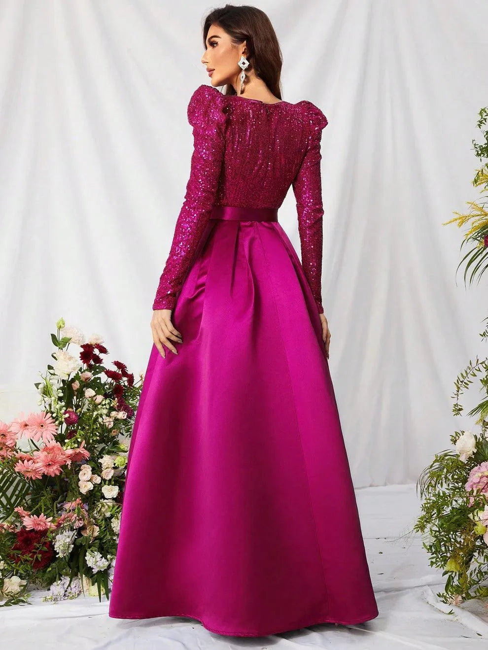 Elegant V Neck Gigot Sleeve Slit A Line Prom Dress