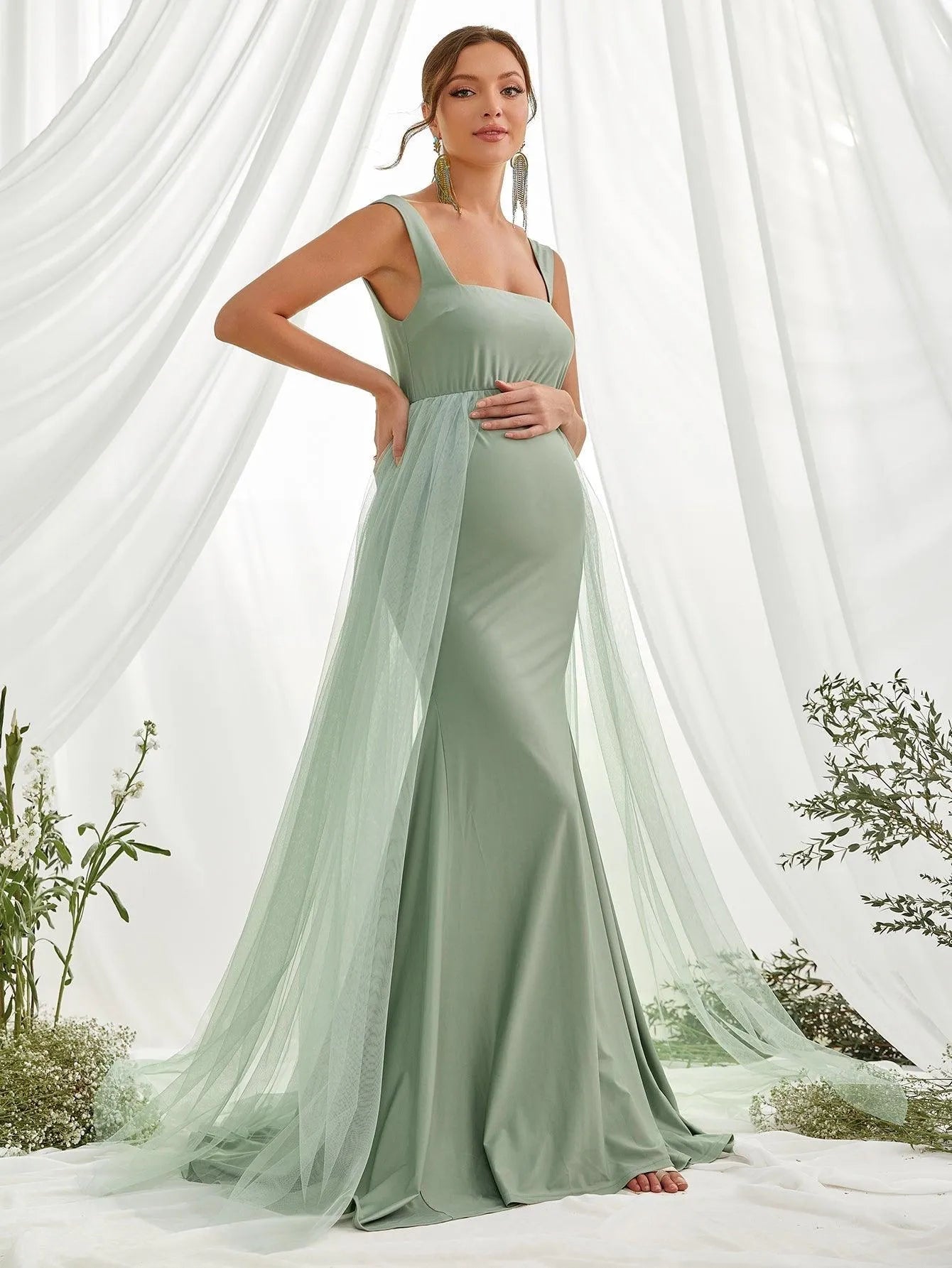 Maternity Contrast Mesh Square Neck Mermaid Dress