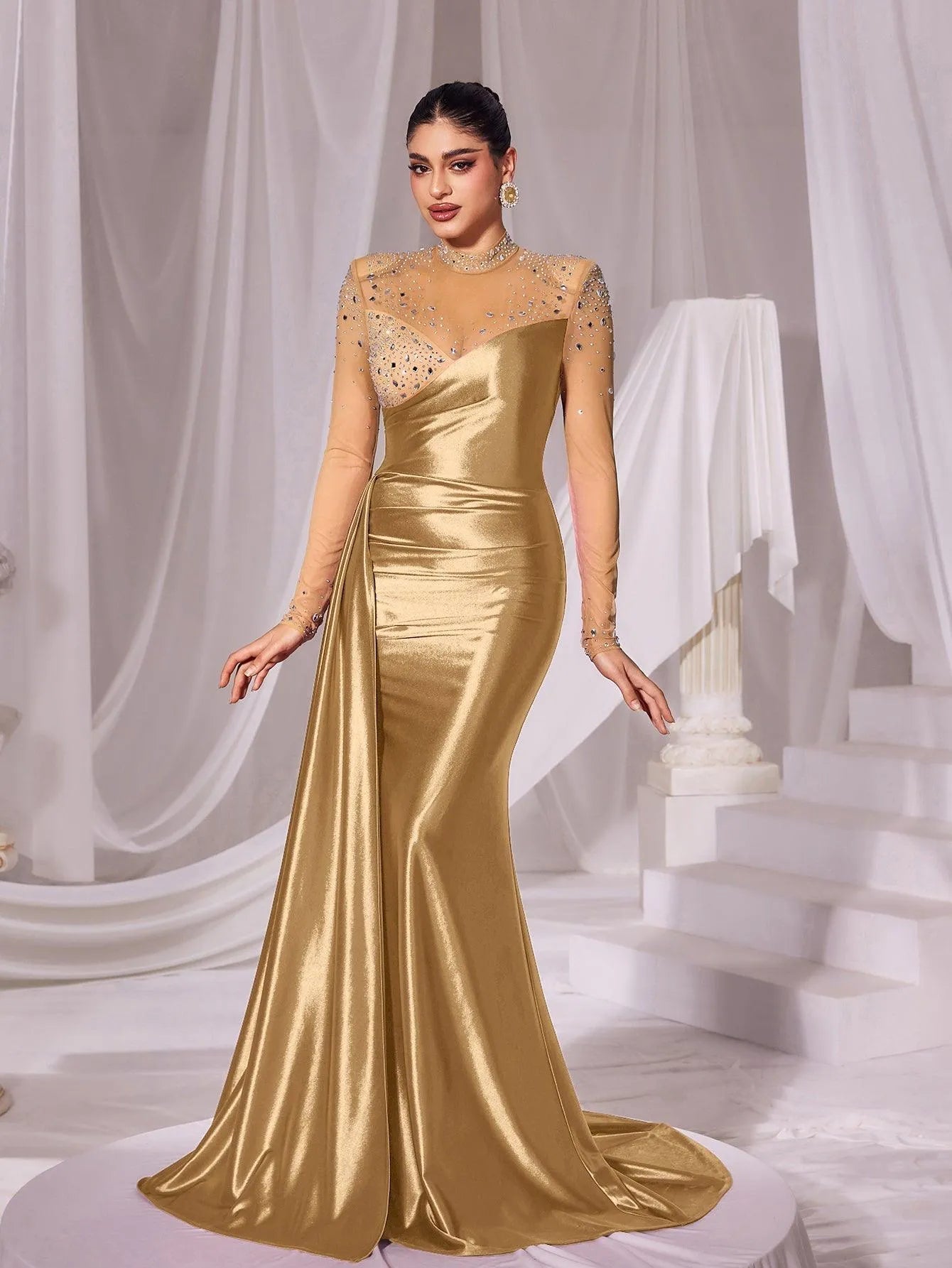 Rhinestone Detail Mock Neck Satin Mermaid Prom Dress