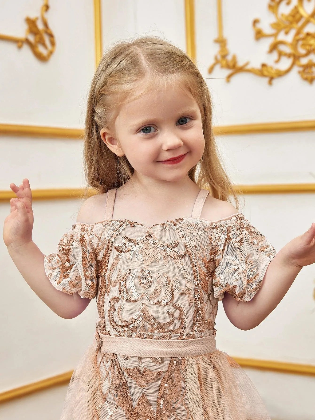 Young Girls' Sweetheart Collar Puff Sleeves Mesh Overlay Sequin Dress