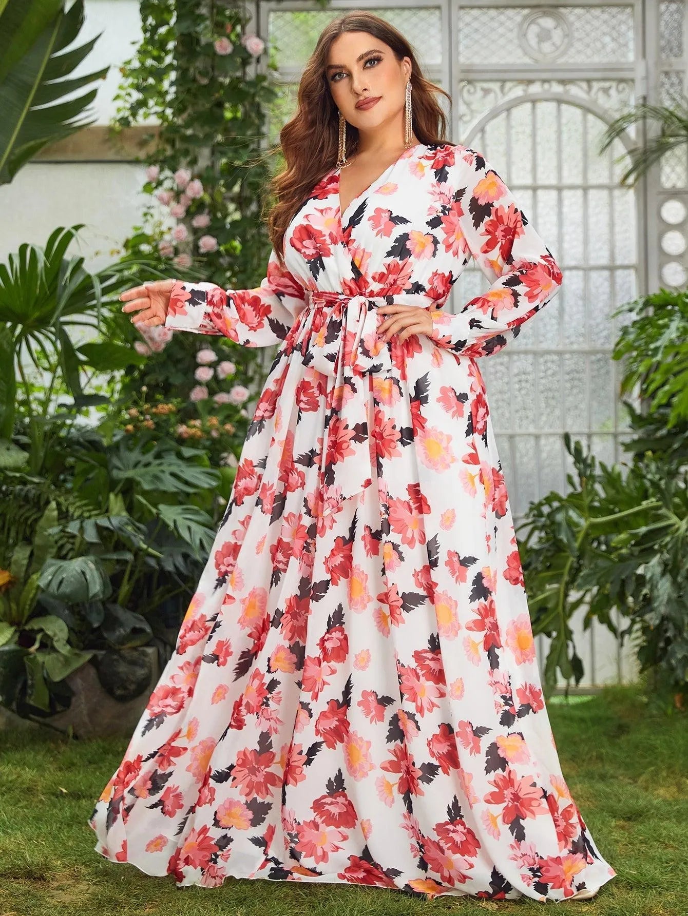 Plus Floral Elegance Long-Sleeve Maxi Dress