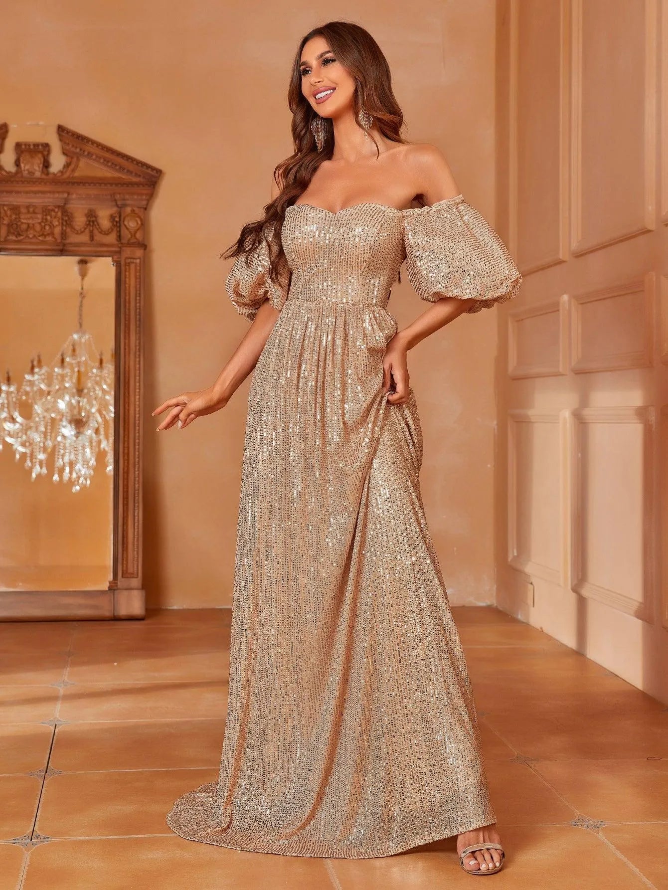 Off Shoulder Puff Sleeve Sequin Party Dresses