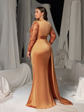 Plus Satin Deep V-Neck Long Sleeves Evening Gown - Formal Dresses with High Slit