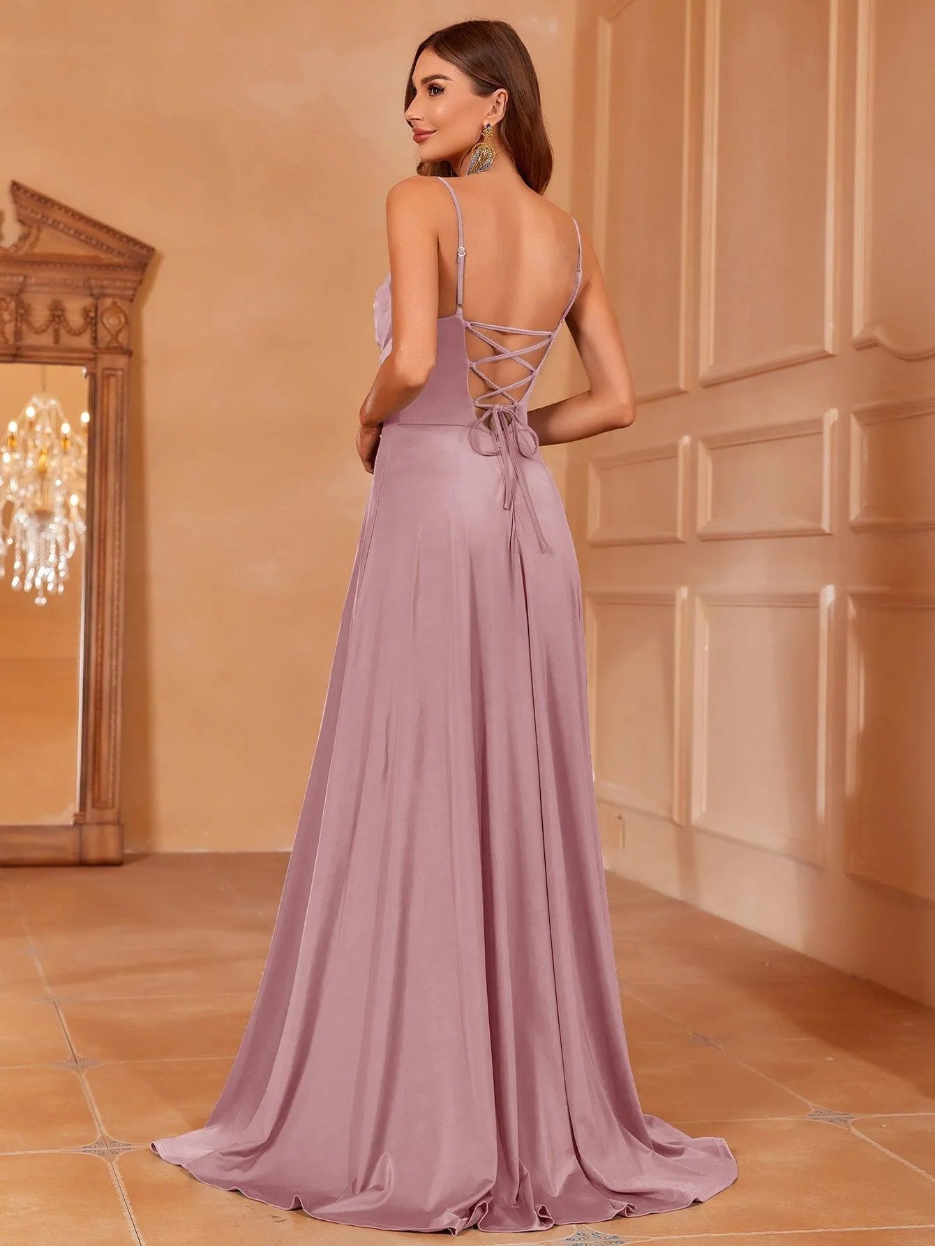 Elegant Ruched Draped Collar Cami Bridesmaid Dress