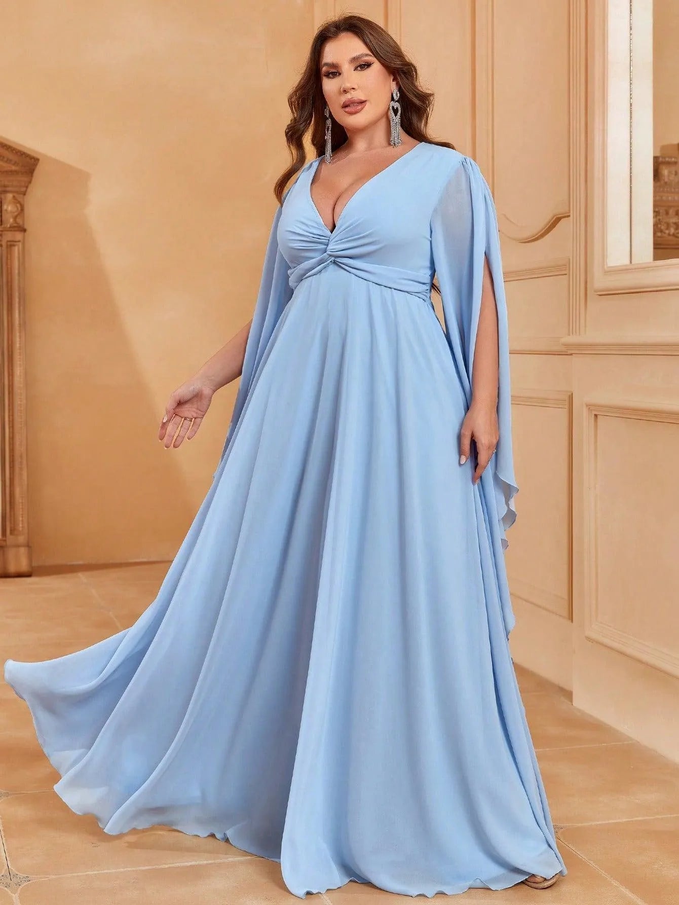 Plus Deep V Neck Cape Sleeves Chiffon Dresses