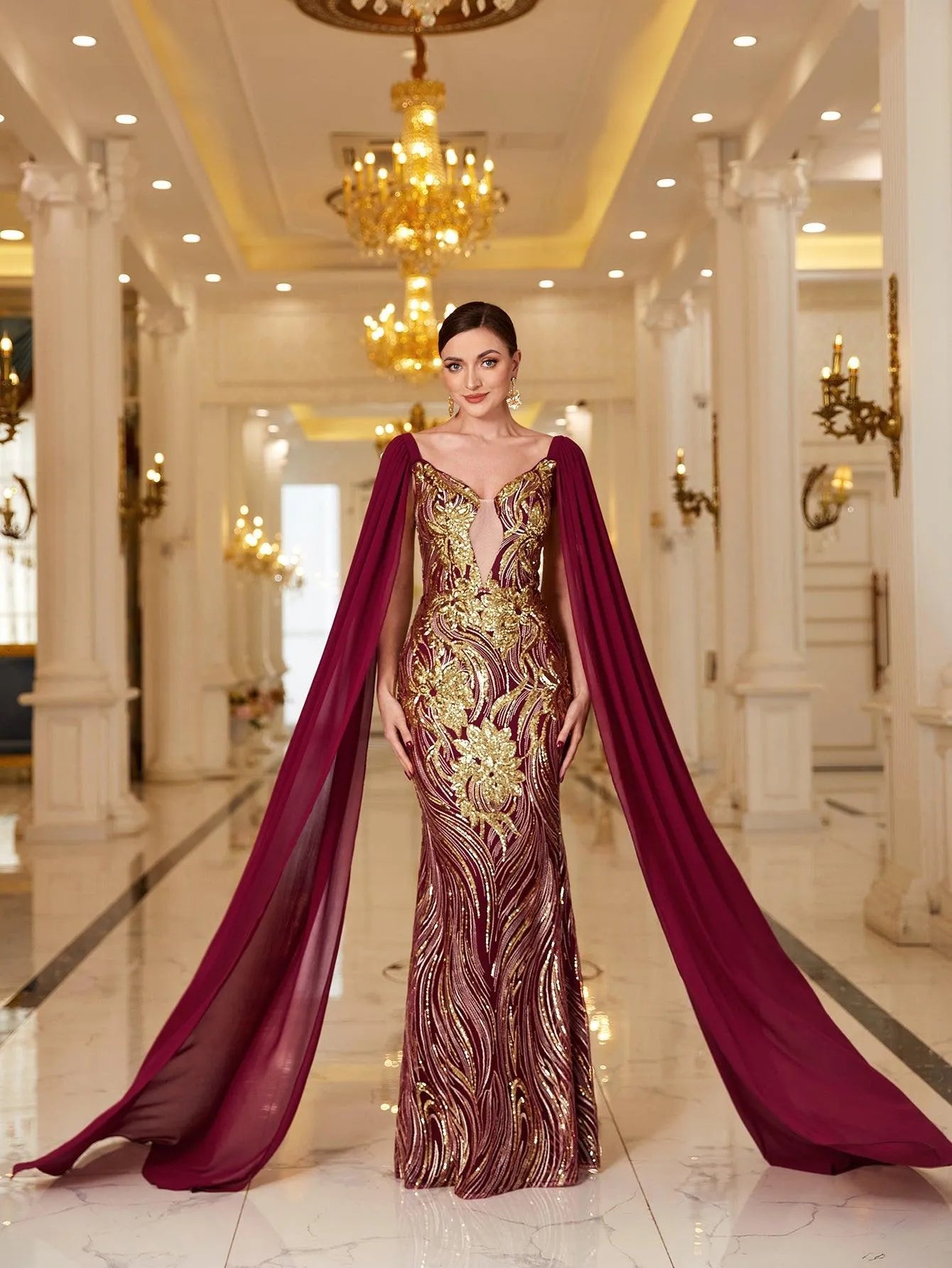 Regal Burgundy Sequin-Embellished Gown