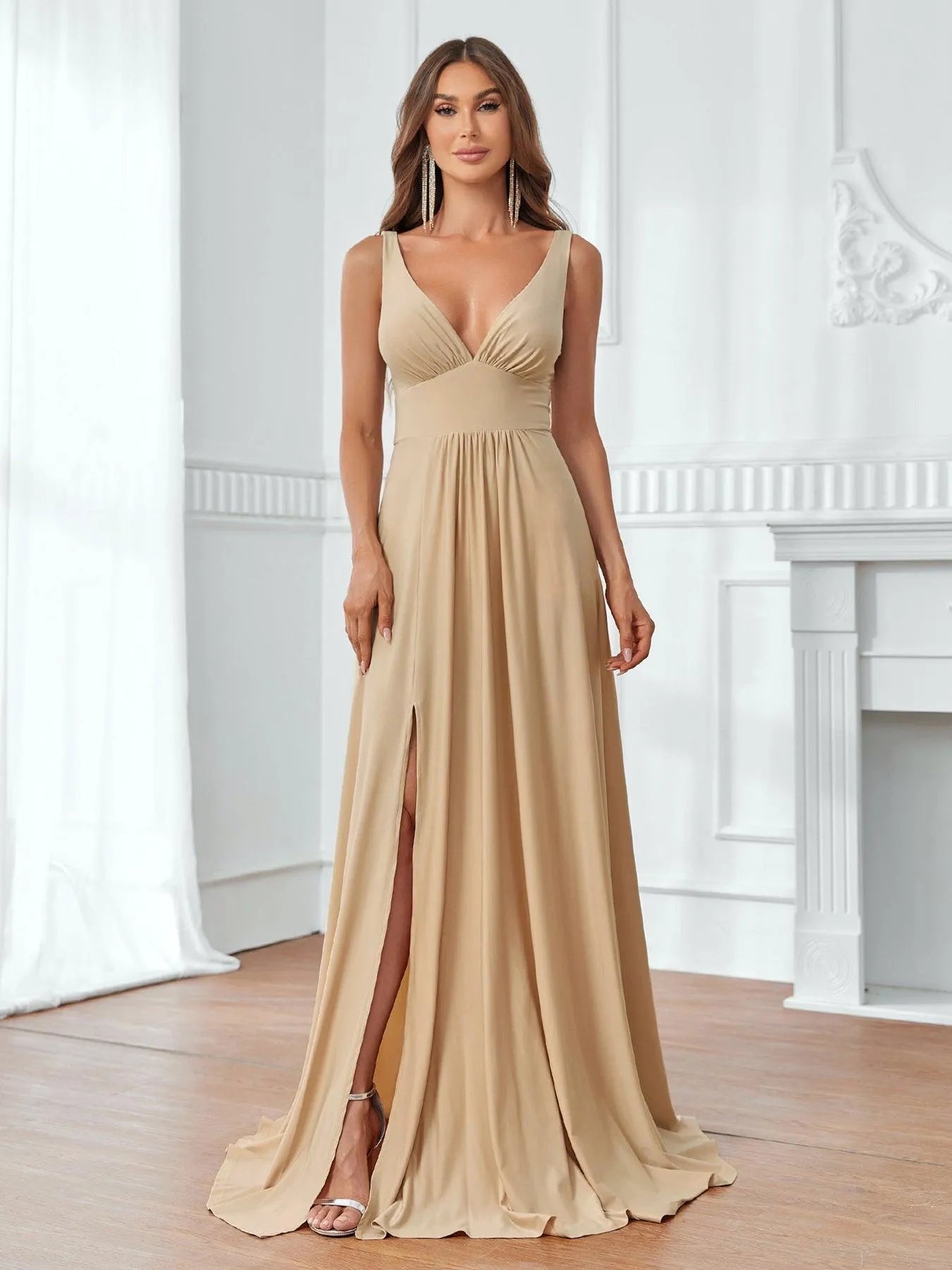 Solid Plunging Neck Sleeveless  Slit  A Line Dress