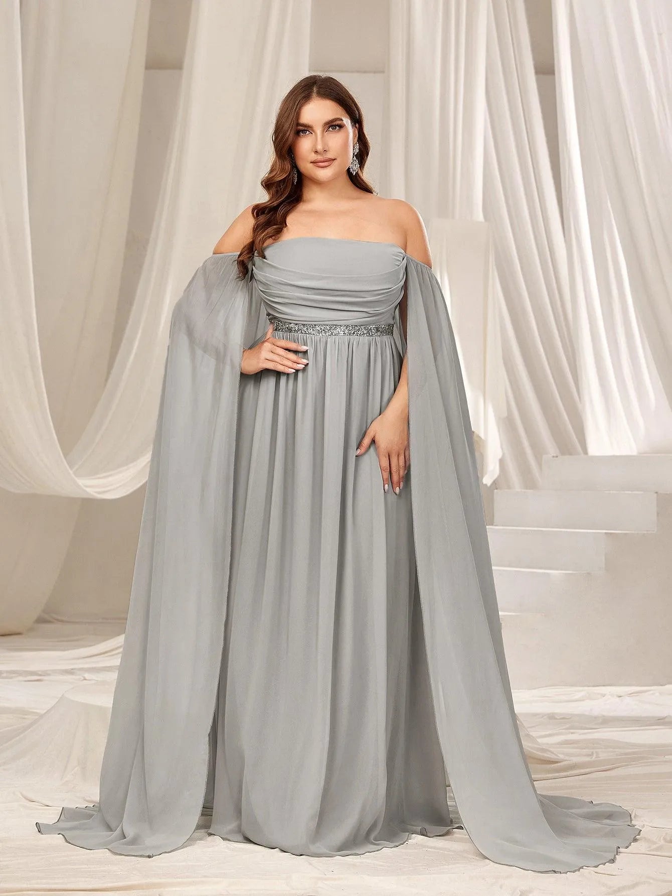 Plus Off Shoulder Extra-Long Sleeves Chiffon Prom Dress