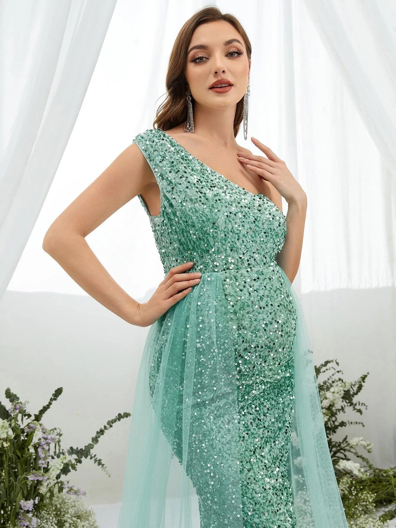 Maternity One Shoulder Mesh Overlay Sequin Party Dress