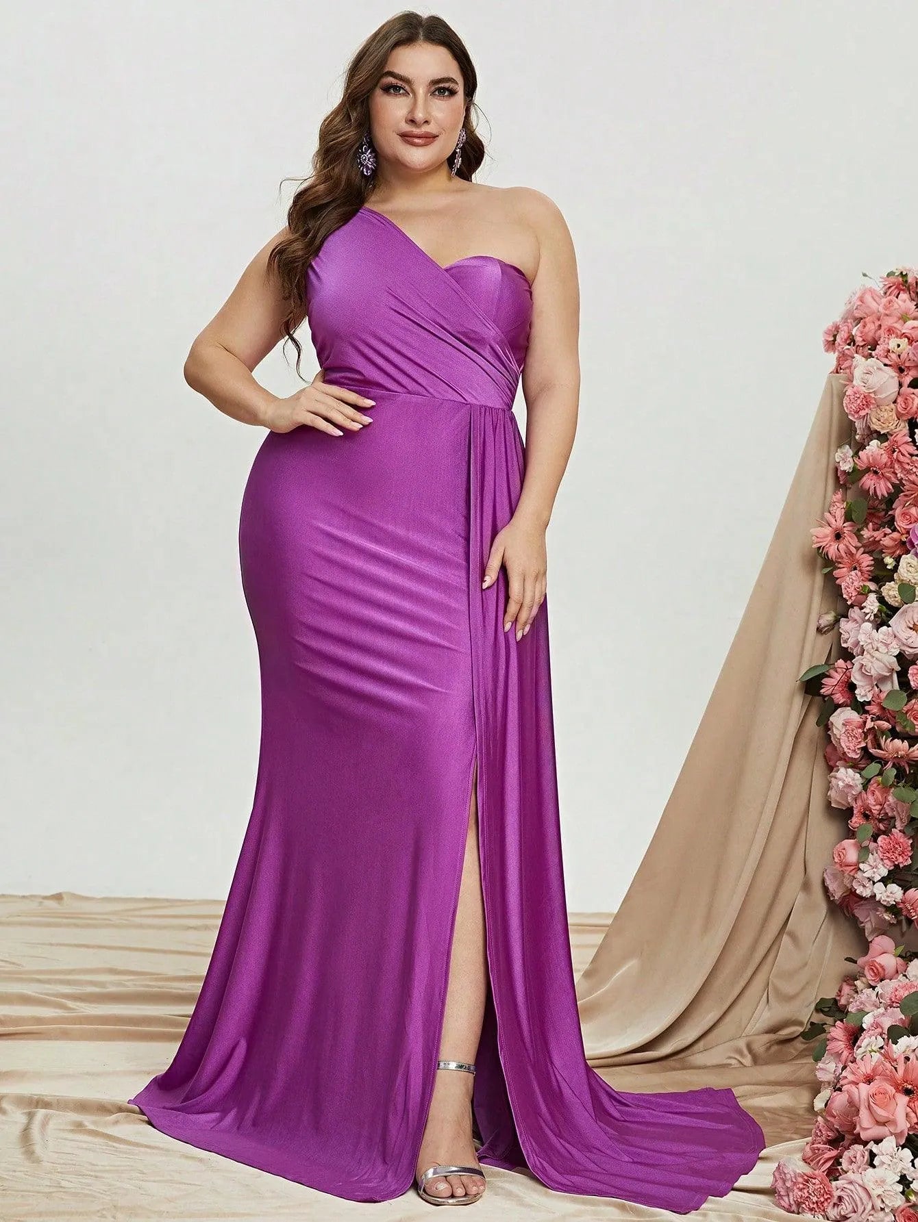 Plus One Shoulder Draped Side Split Thigh Formal Dress