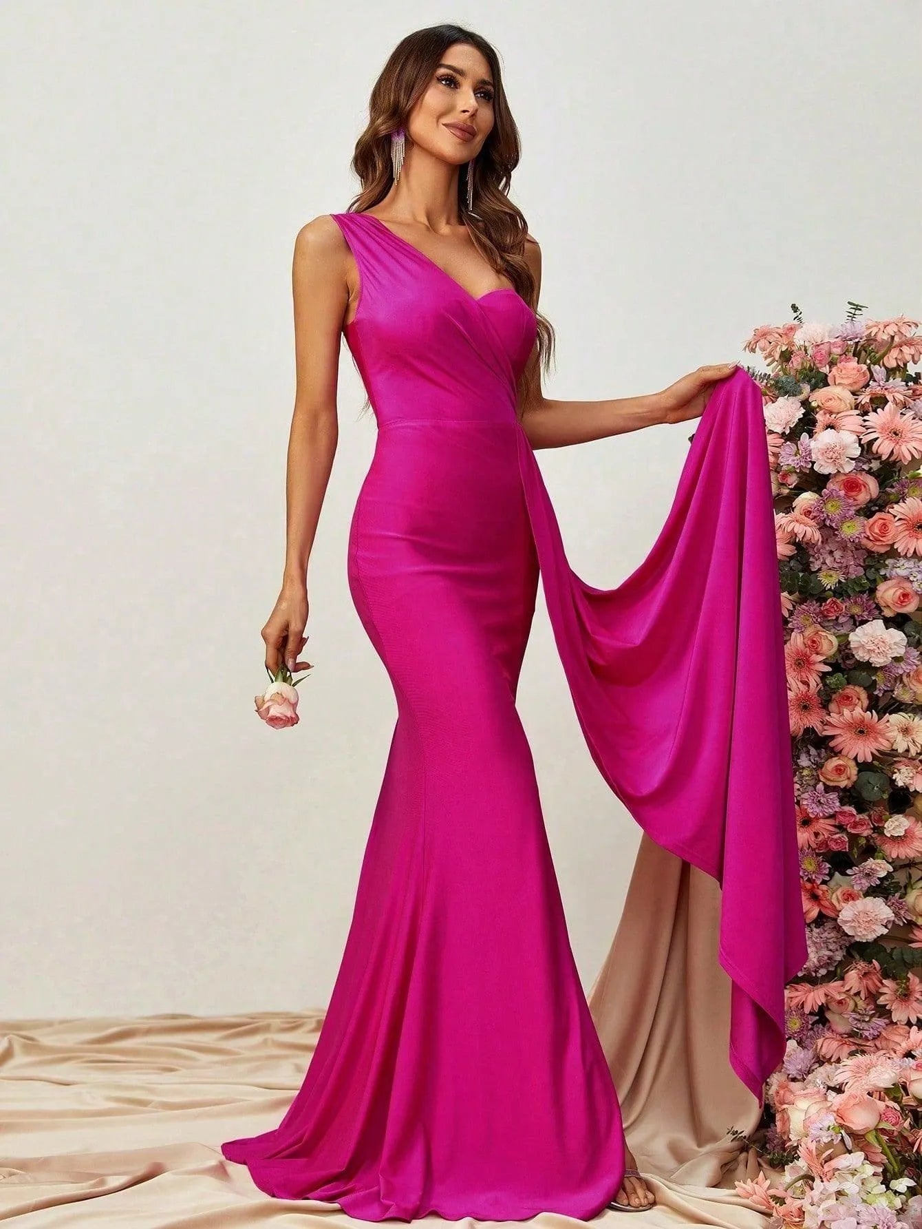 One Shoulder Draped Side Split Thigh Formal Dress