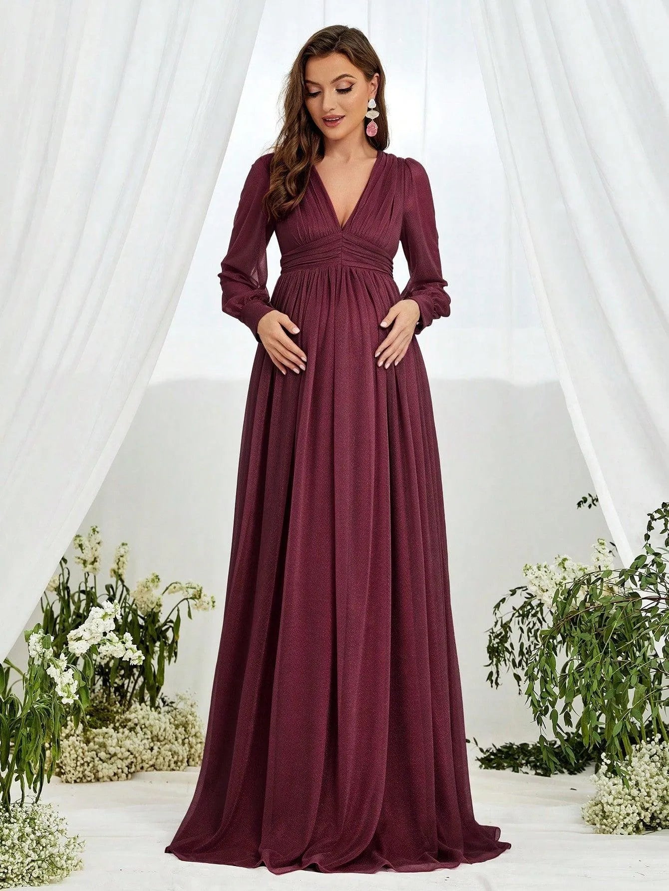 Maternity V Neck Lantern Sleeve A Line Dress