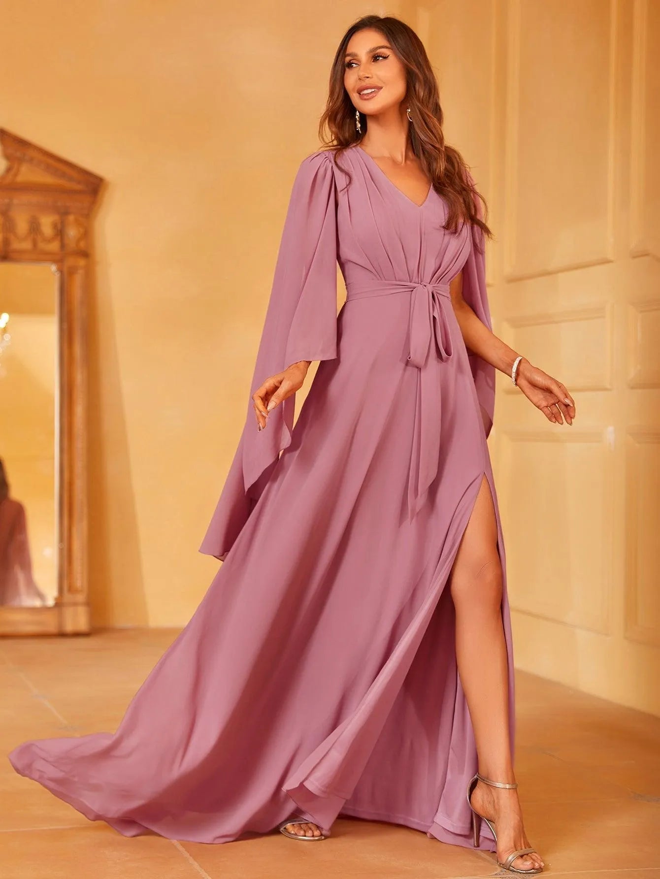 Solid Flounce Sleeve Chiffon Bridesmaid dress