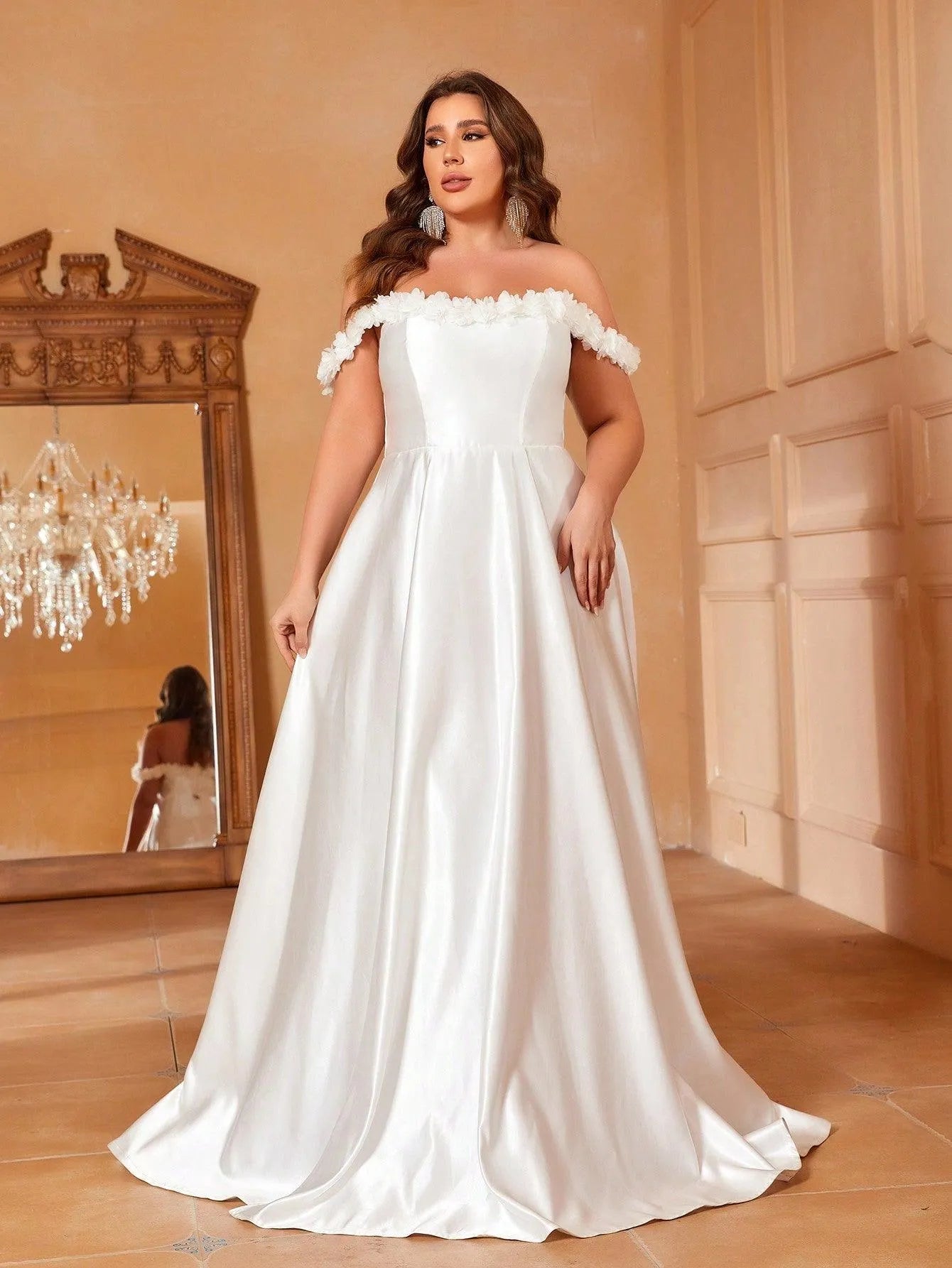 Plus Off Shoulder Floral Applique Satin Wedding Dress