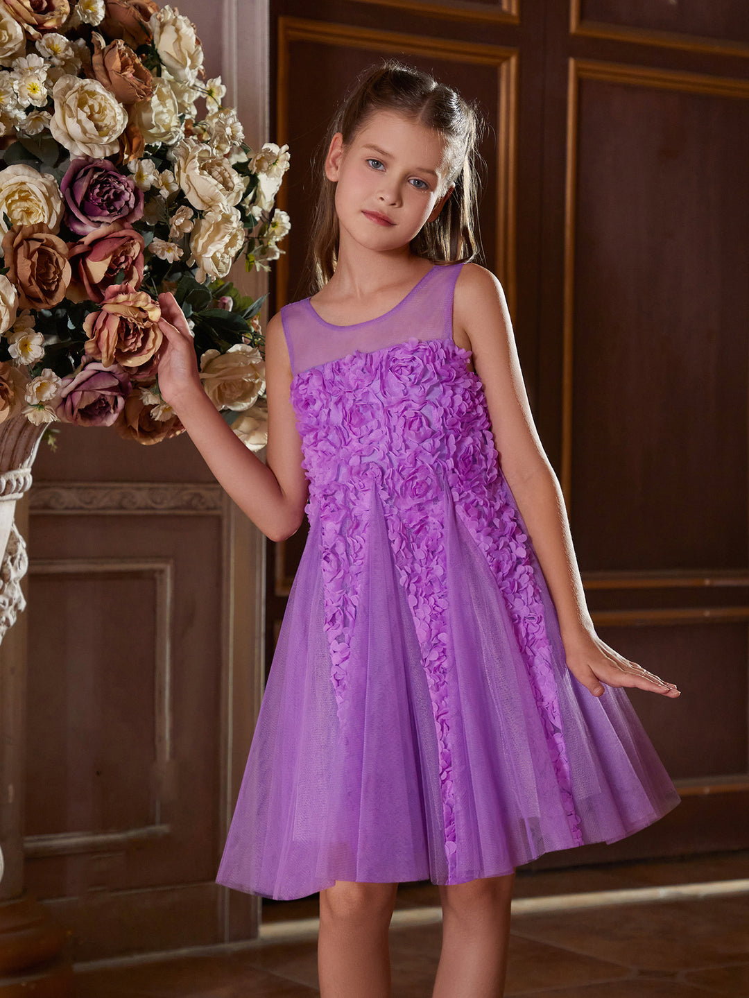 Girl's Applique Decor Puff Sleeve Sequin A Line Dress