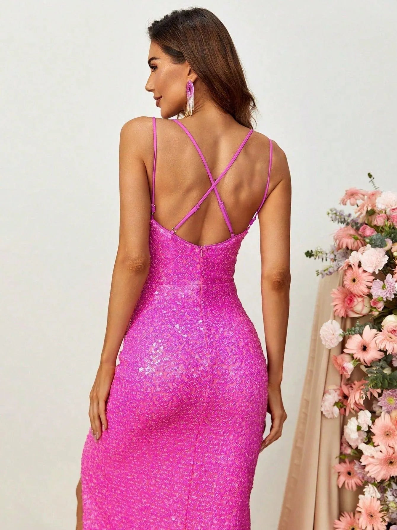 Spaghetti Straps Backless Split Thigh Sequin Dress