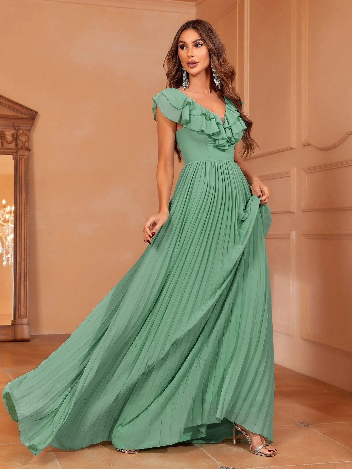 Ruffle Trim Pleated Chiffon A Line Dress