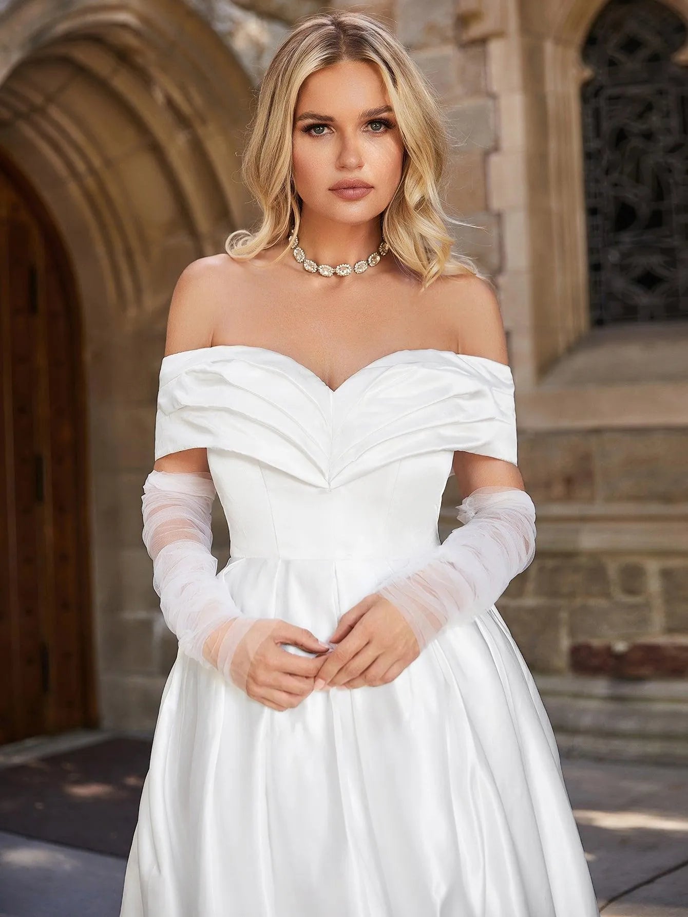 Off Shoulder Floor Length Satin Wedding Dress