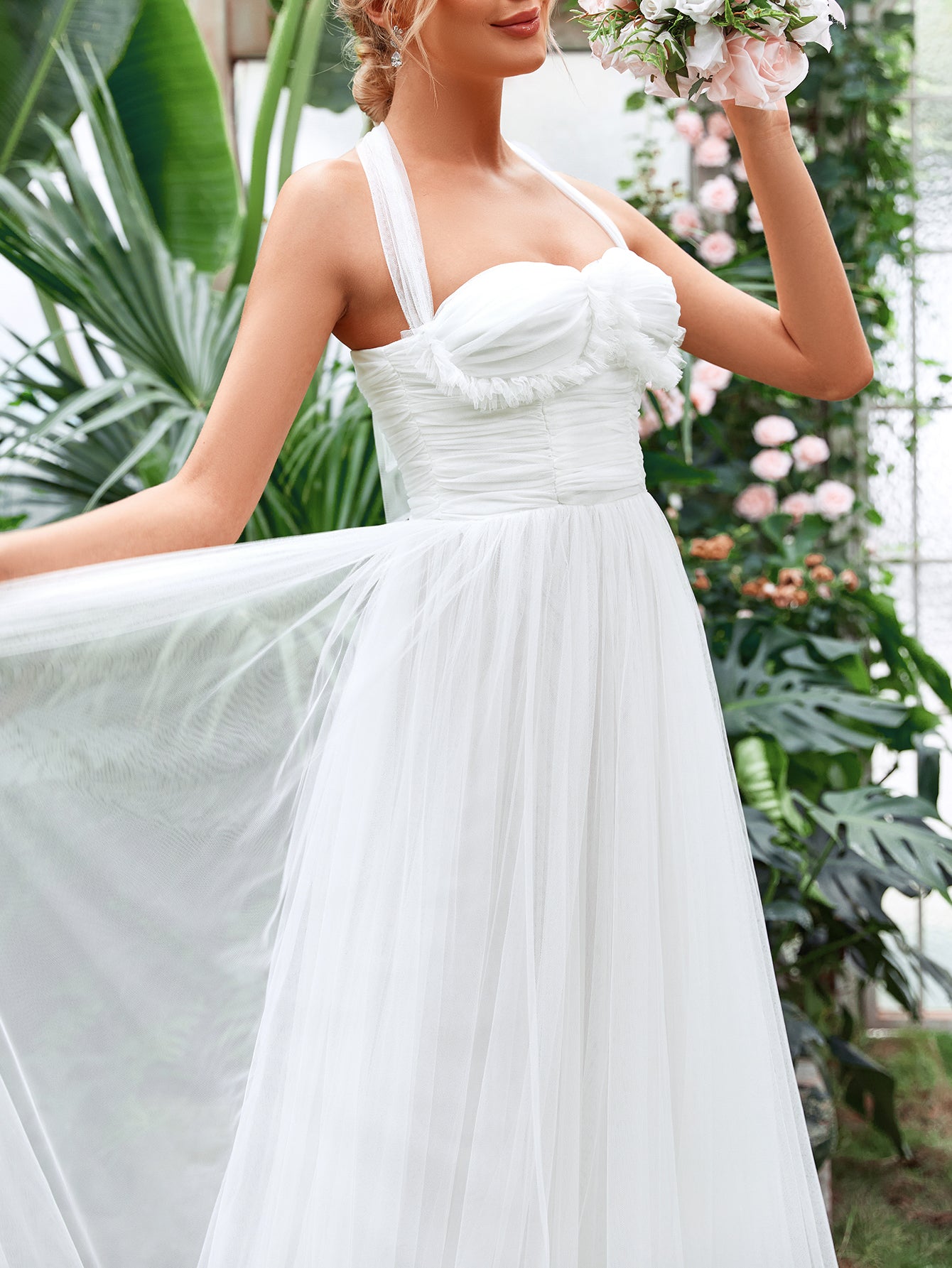 Halter Neck Applique Ruched Bustier Mesh Wedding Dress