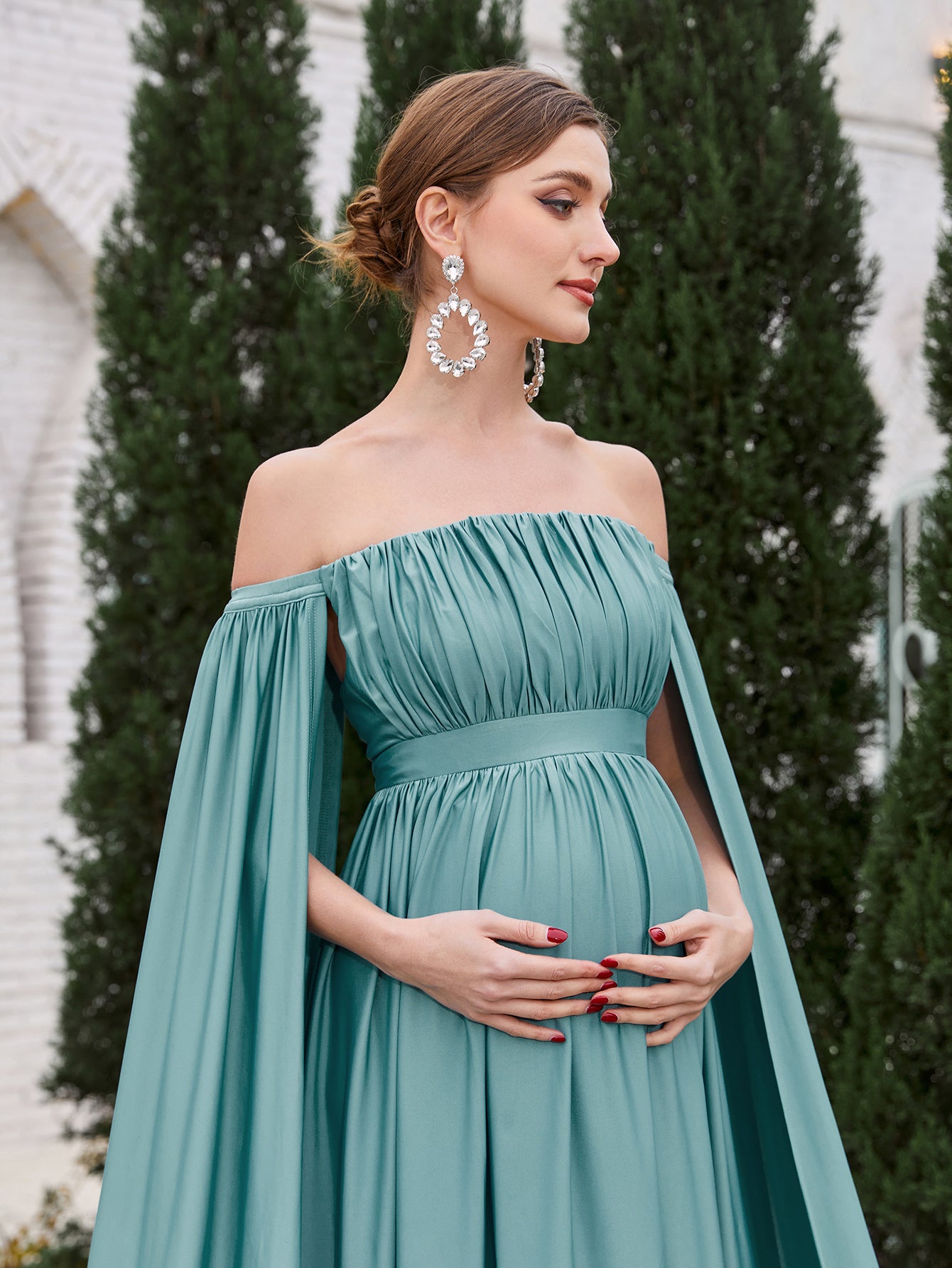 Maternity Off Shoulder Cape Sleeves Maxi Prom Dress