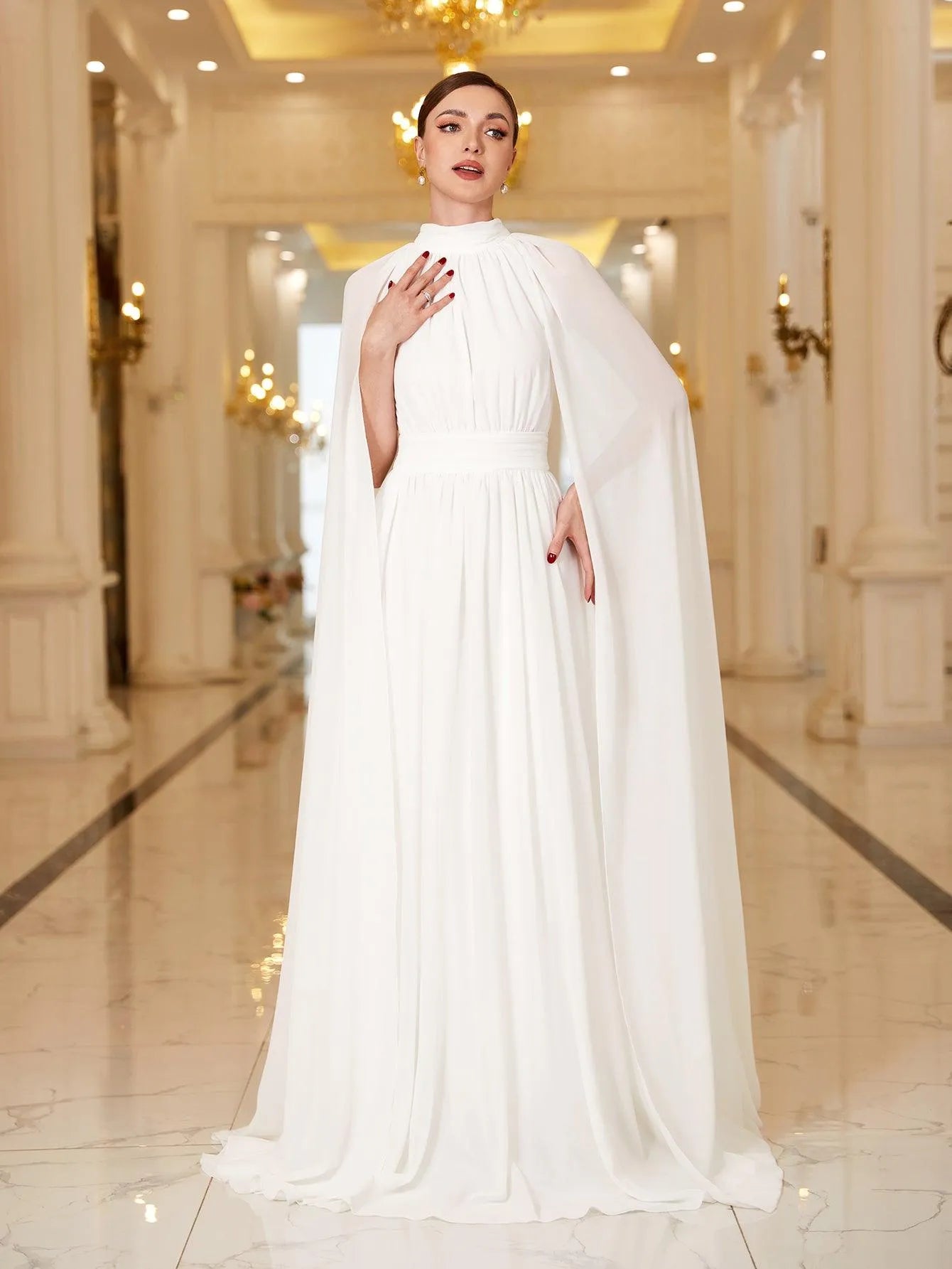 Elegant Mock Neck Cloak Sleeve Chiffon Formal Dress