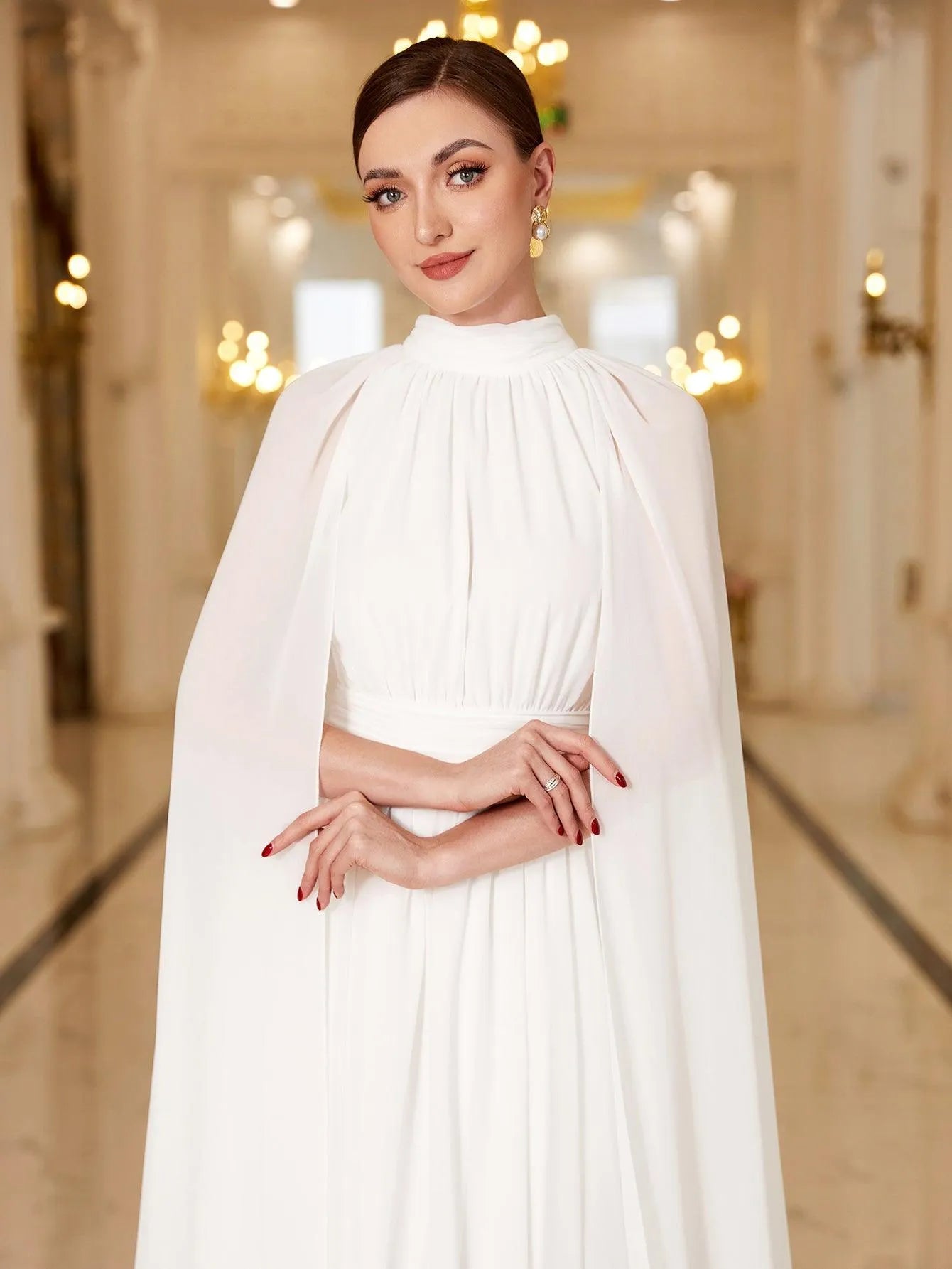 Elegant Mock Neck Cloak Sleeve Chiffon Formal Dress