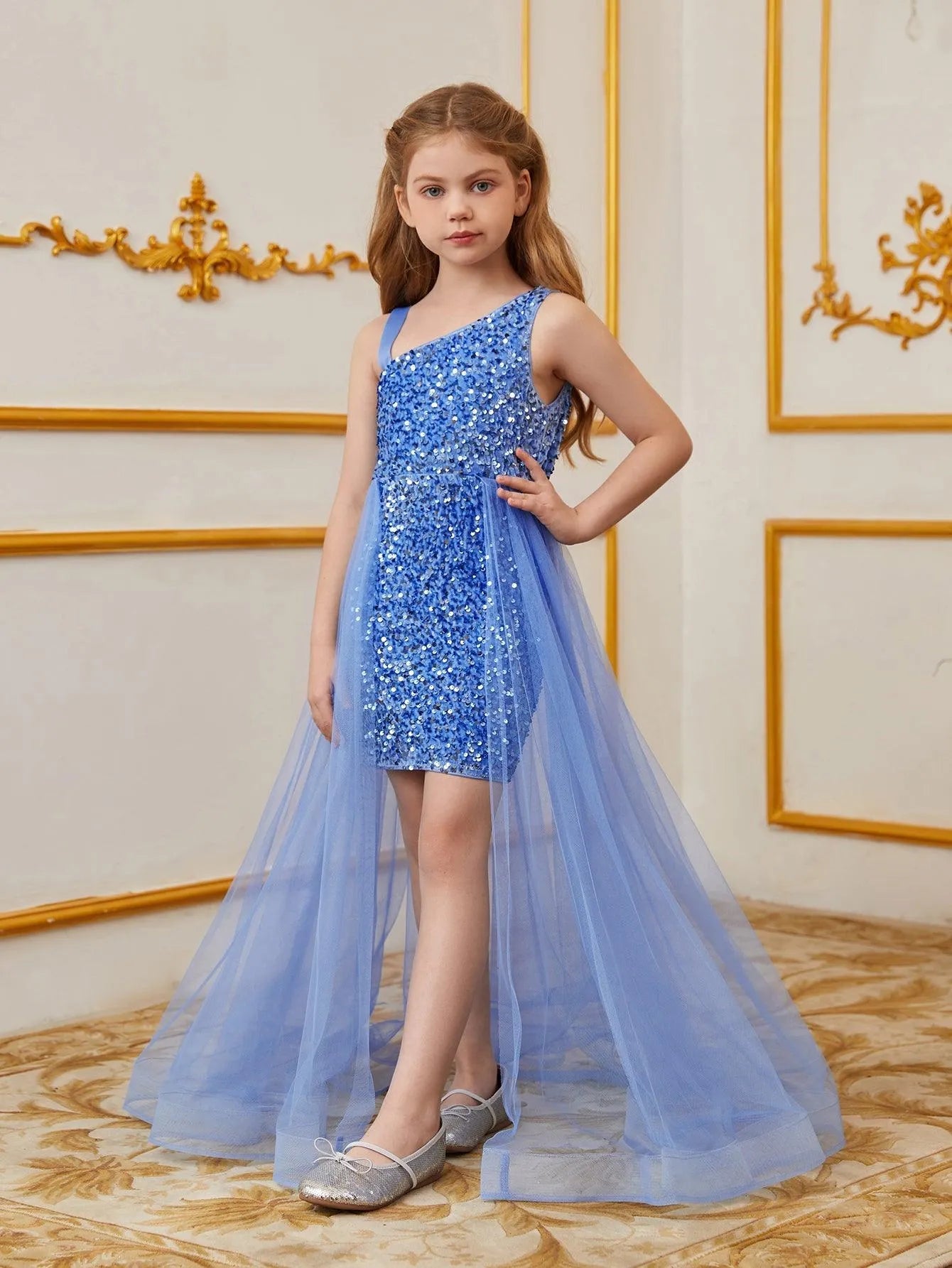 Tween Girls' Asymmetrical Neckline Mesh Overlay Sequin Dress