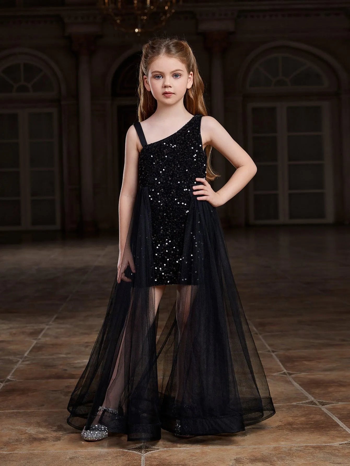 Tween Girls' Asymmetrical Neckline Mesh Overlay Sequin Dress