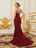 Elegant Plunging Neck Split Thigh Sequin Mermaid Hem Cami Party Dress