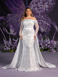 Plus Gorgeous Off Shoulder Sheer Sleeves Mermaid Hem Sequin Wedding Dress with Satin Train