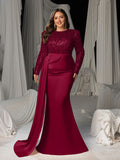 Plus Round Neck Long Sleeves Formal Evening Dress with Sequin Bodice and Satin Mermaid Skirt