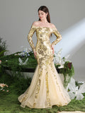 Teen Girls' Off Shoulder Long Sleeves Contrast Mesh Mermaid Hem Floral Sequin Party Dress