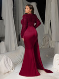 Plus Round Neck Long Sleeves Formal Evening Dress with Sequin Bodice and Satin Mermaid Skirt