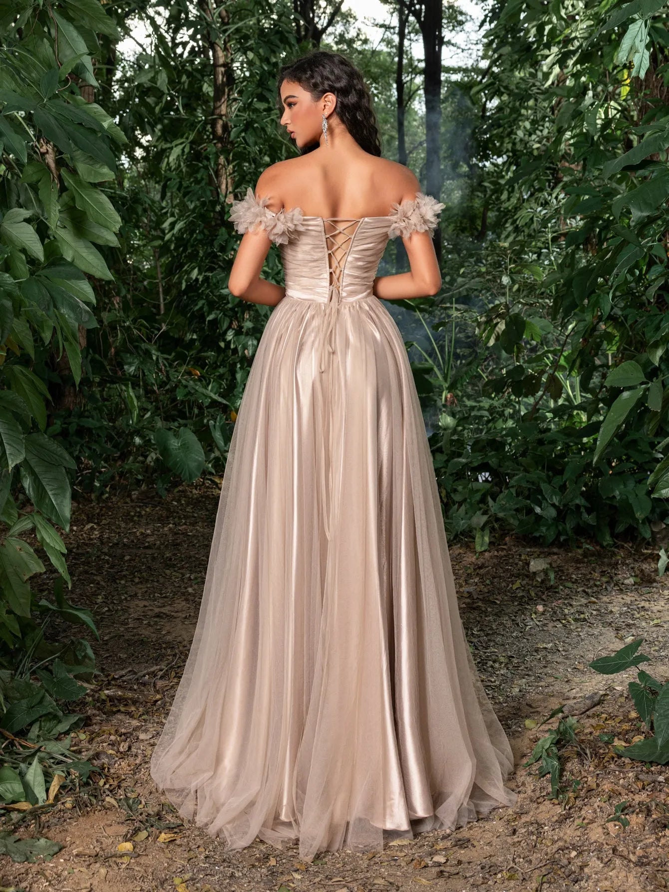 Elegant Off Shoulder Ruched Bust Split Thigh Tulle Prom Dress