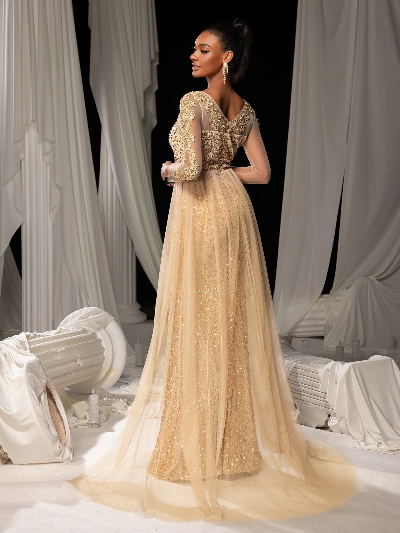 Elegant Sheer Sleeves Mesh Train Sequin Evening Dress