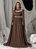 Plus Mock Neck Extra-Long Sleeves Chiffon Evening Gown with White Bead Accents
