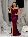 Plus Off-Shoulder Mermaid Gown with Sequined Velvet, High Slit & Floor-Length Train