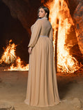 Plus Embellished High Neck Formal Dress | Long Sleeve Gown with Statement Waist & Full Skirt
