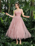 Midi Ruched Bustier Cascading Ruffle Hem Tulle Party Tube Dress