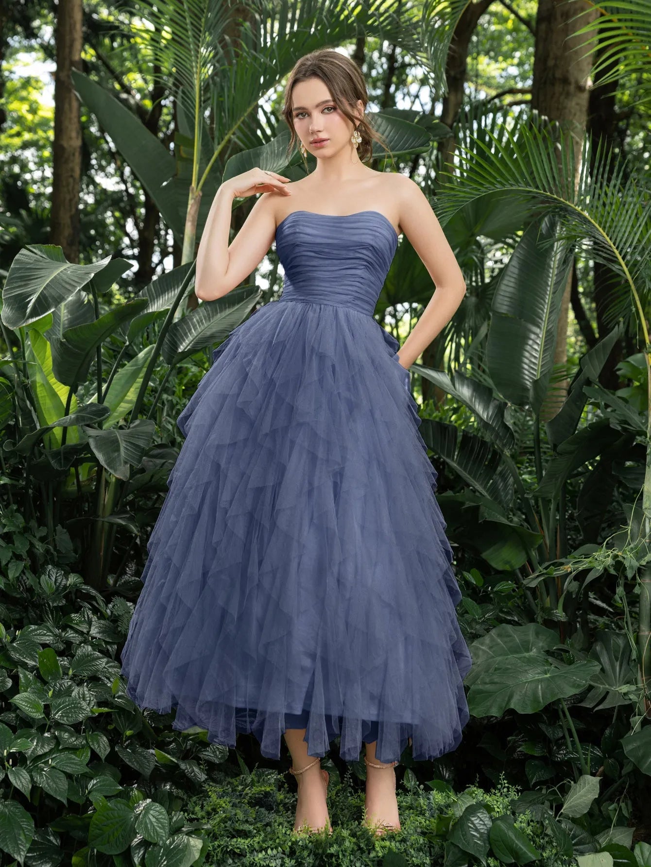 Midi Ruched Bustier Cascading Ruffle Hem Tulle Party Tube Dress